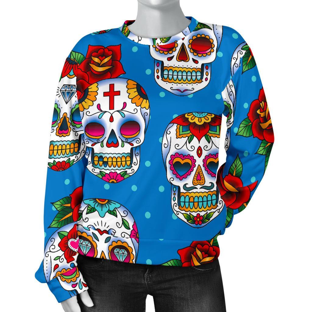 Rose Sugar Skull Pattern Print Women's Crewneck Sweatshirt GearFrost