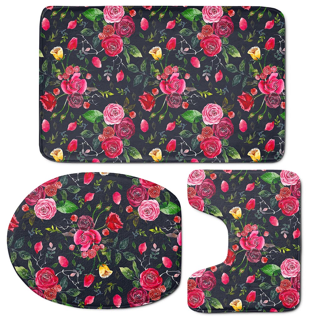 Roses Floral Flower Pattern Print 3 Piece Bath Mat Set