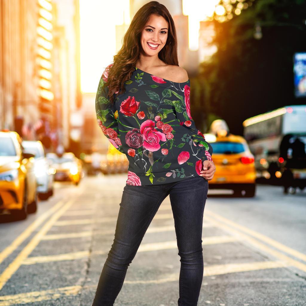 Roses Floral Flower Pattern Print Off Shoulder Sweatshirt GearFrost