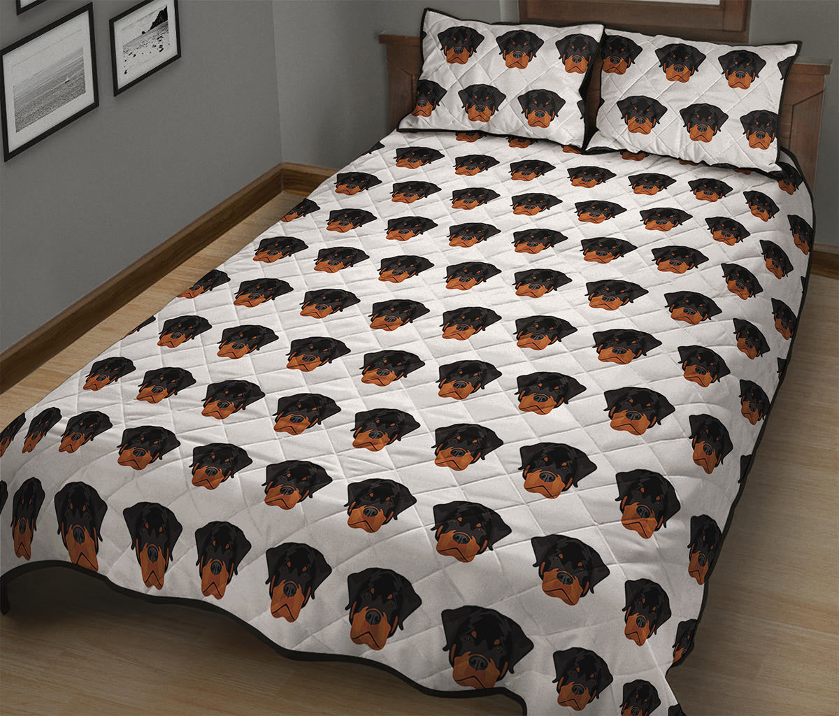 Rottweiler Face Pattern Print Quilt Bed Set