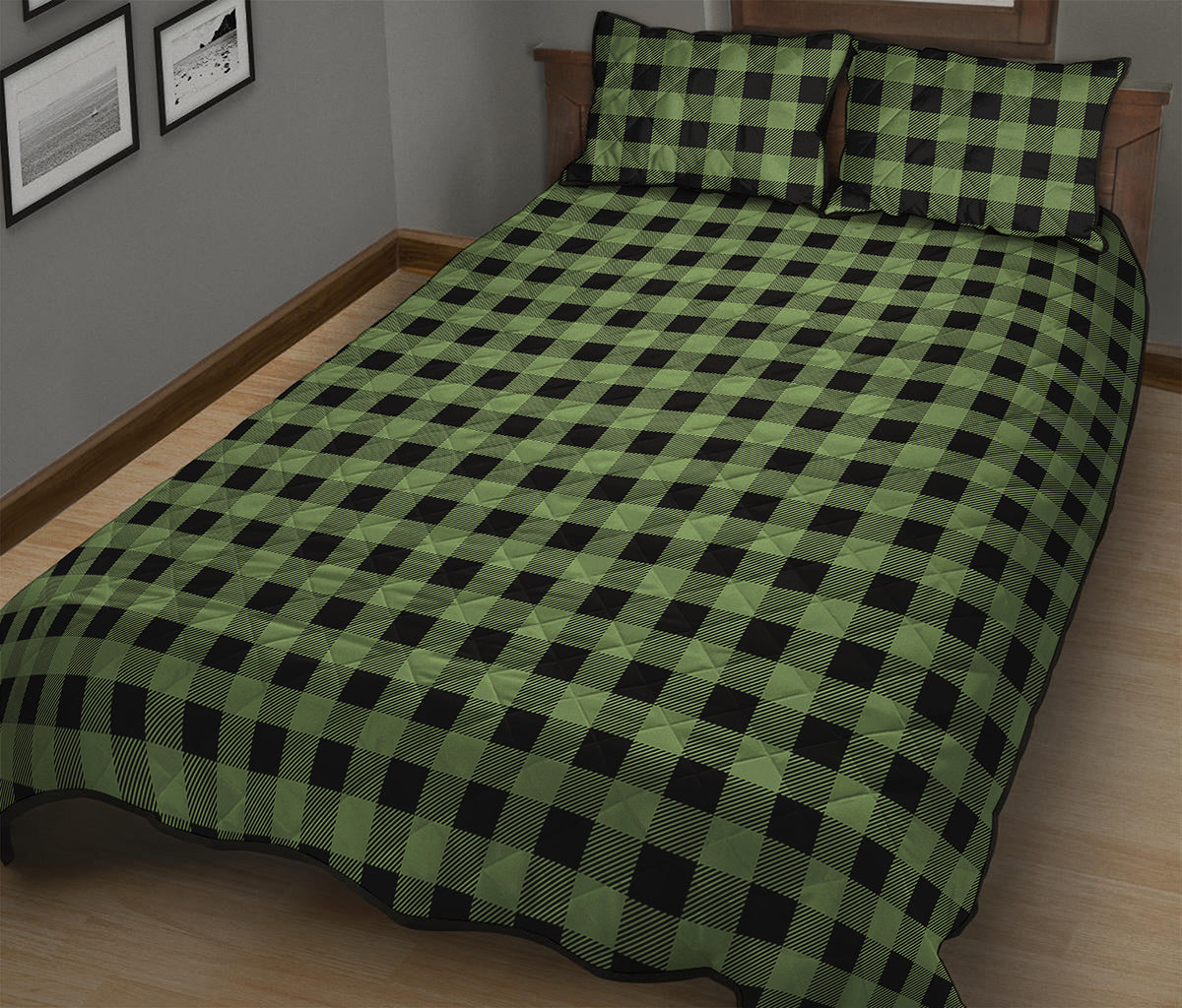 Sage Green Buffalo Check Pattern Print Quilt Bed Set