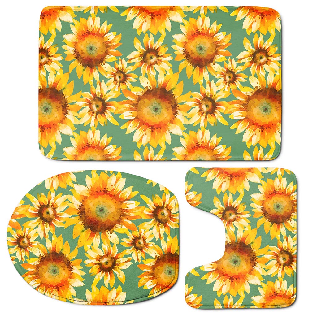Sage Watercolor Sunflower Pattern Print 3 Piece Bath Mat Set