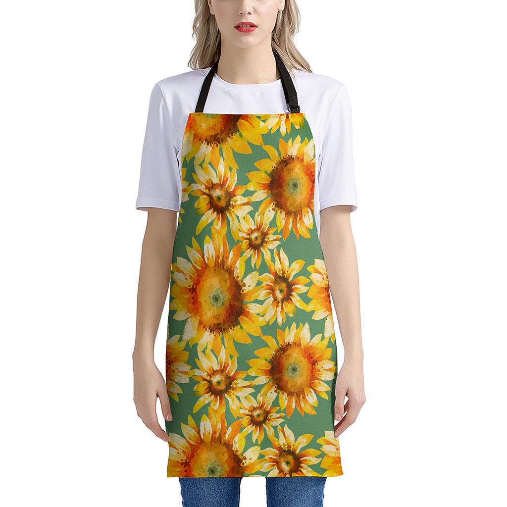 Sage Watercolor Sunflower Pattern Print Apron