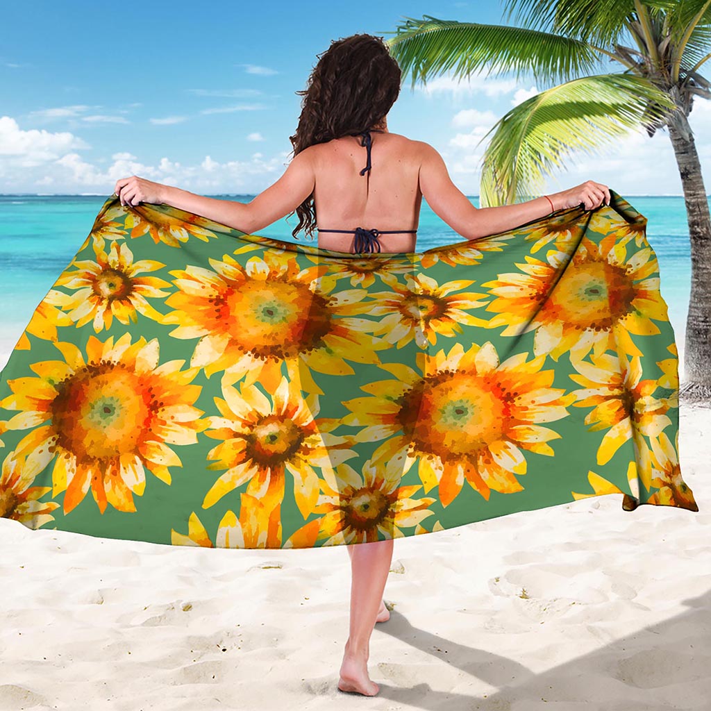 Sage Watercolor Sunflower Pattern Print Beach Sarong Wrap