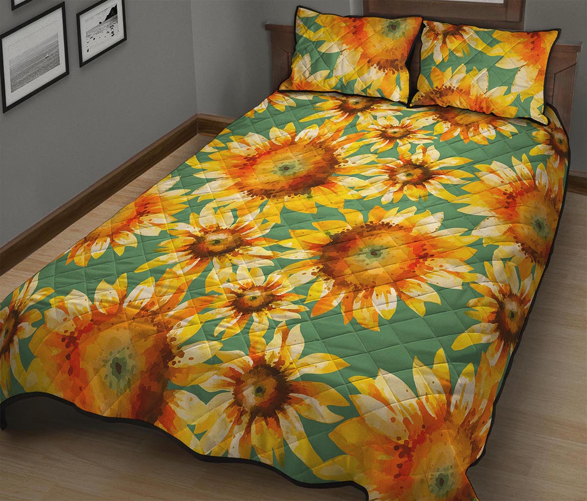 Sage Watercolor Sunflower Pattern Print Quilt Bed Set