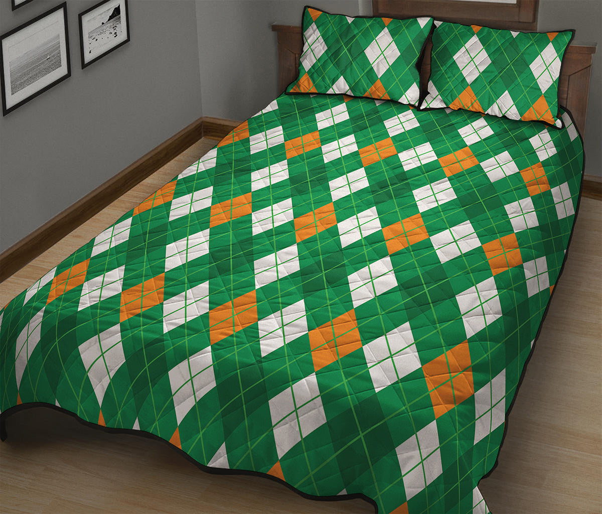 Saint Patrick's Day Argyle Pattern Print Quilt Bed Set