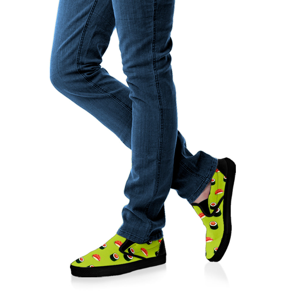 Salmon Sushi And Rolls Pattern Print Black Slip On Shoes