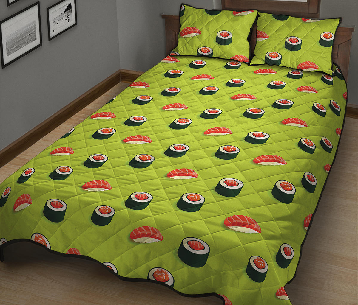 Salmon Sushi And Rolls Pattern Print Quilt Bed Set