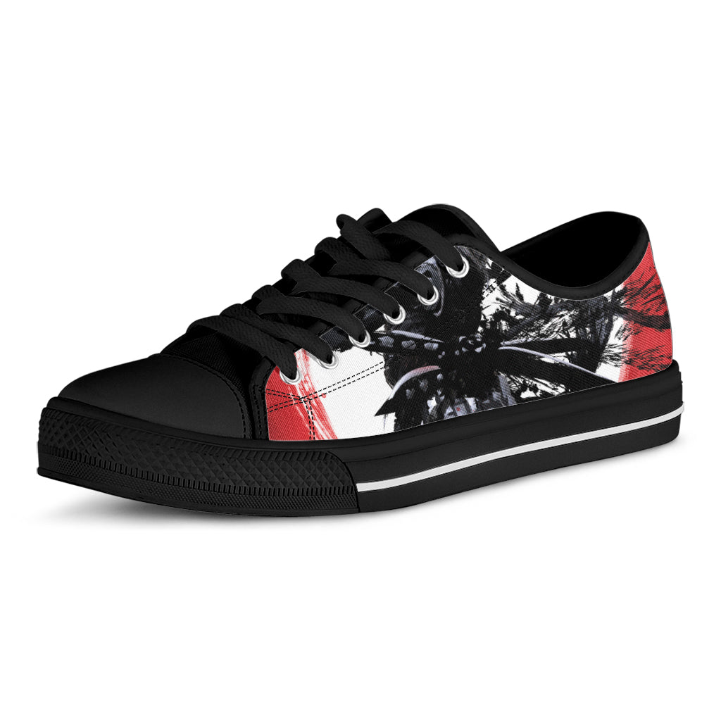 Samurai And Crow Print Black Low Top Shoes