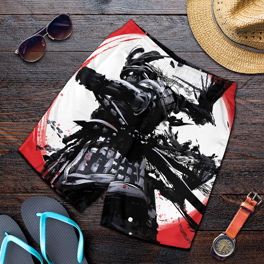 Samurai And Crow Print Men's Shorts