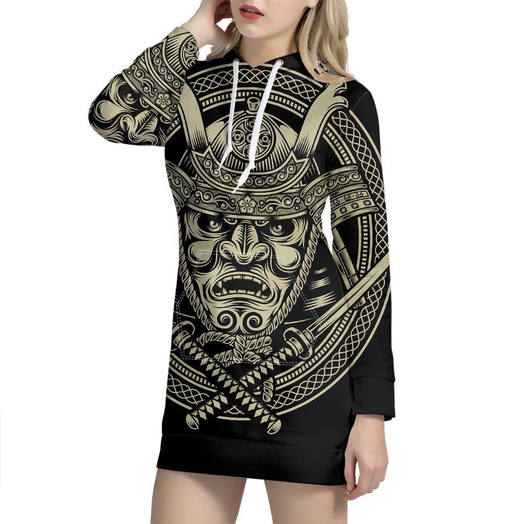 Samurai Warrior Mask Print Pullover Hoodie Dress