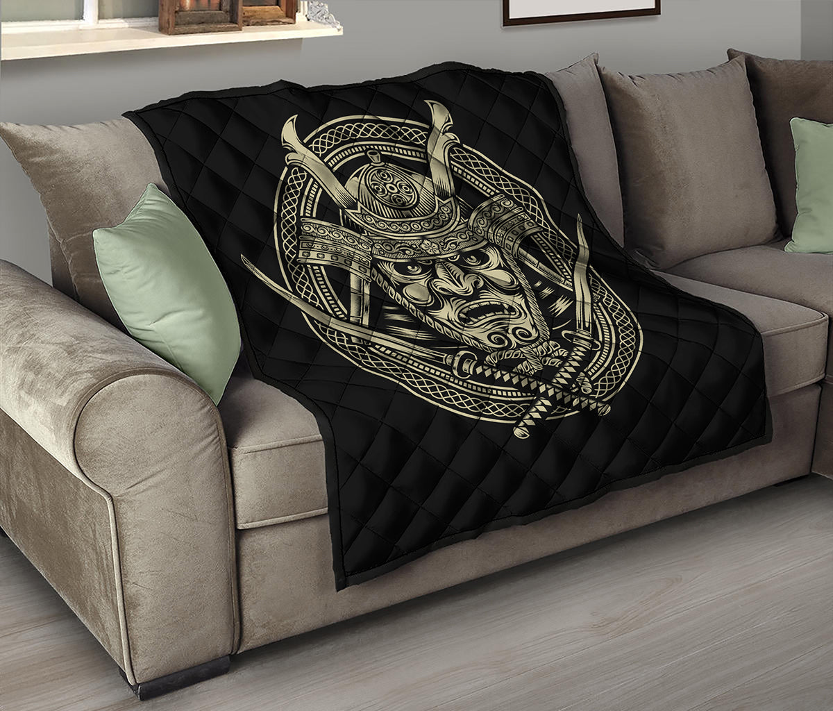 Samurai Warrior Mask Print Quilt