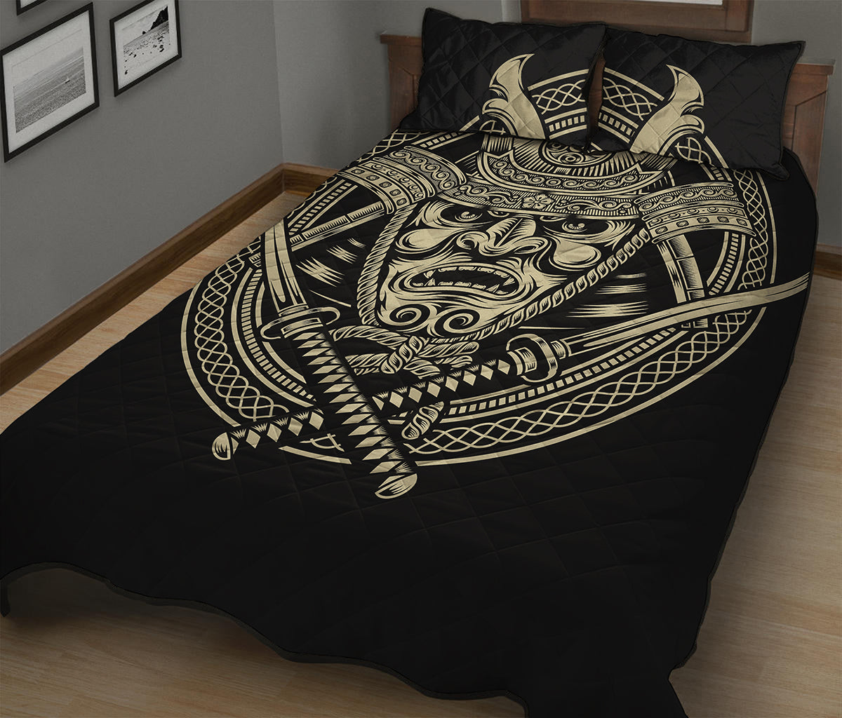 Samurai Warrior Mask Print Quilt Bed Set