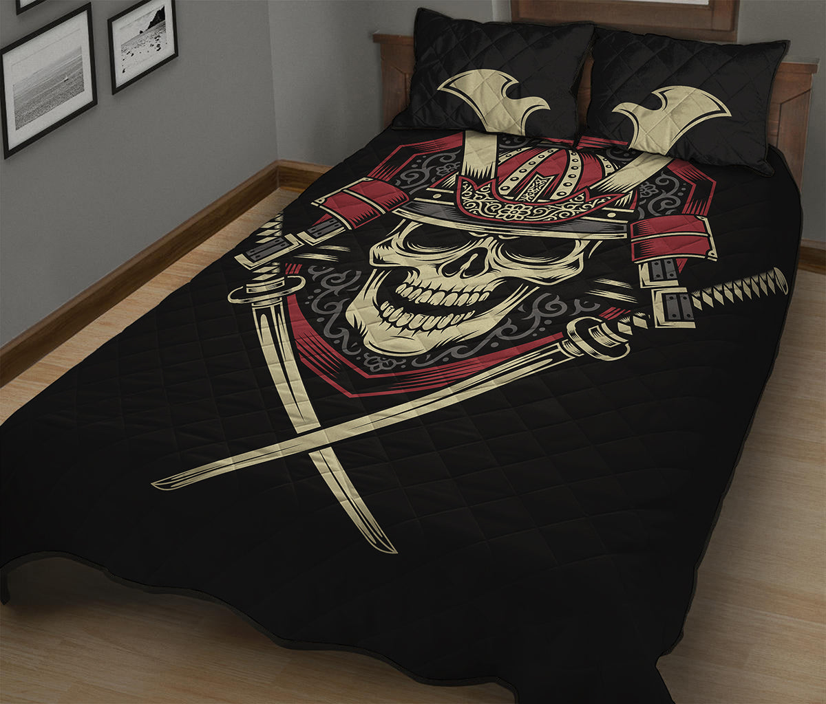 Samurai Warrior Skull Print Quilt Bed Set