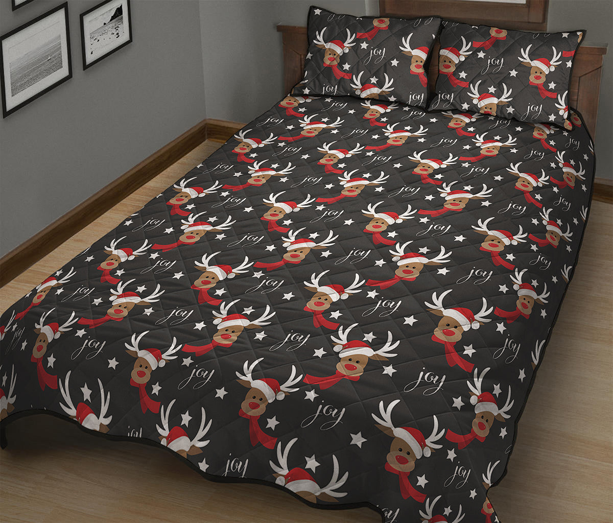 Santa Claus Deer Pattern Print Quilt Bed Set