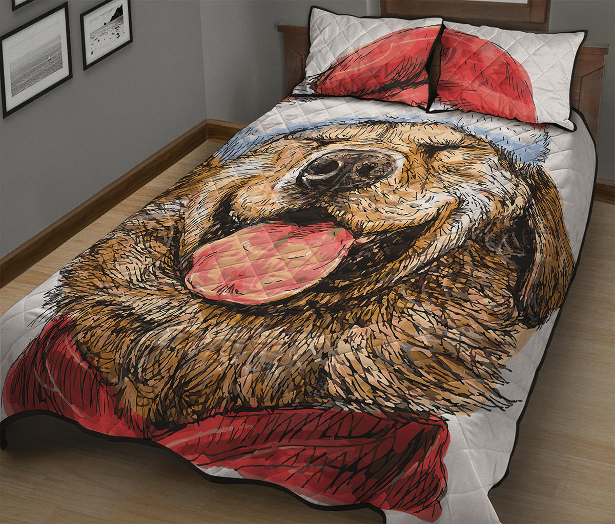Santa Labrador Retriever Print Quilt Bed Set