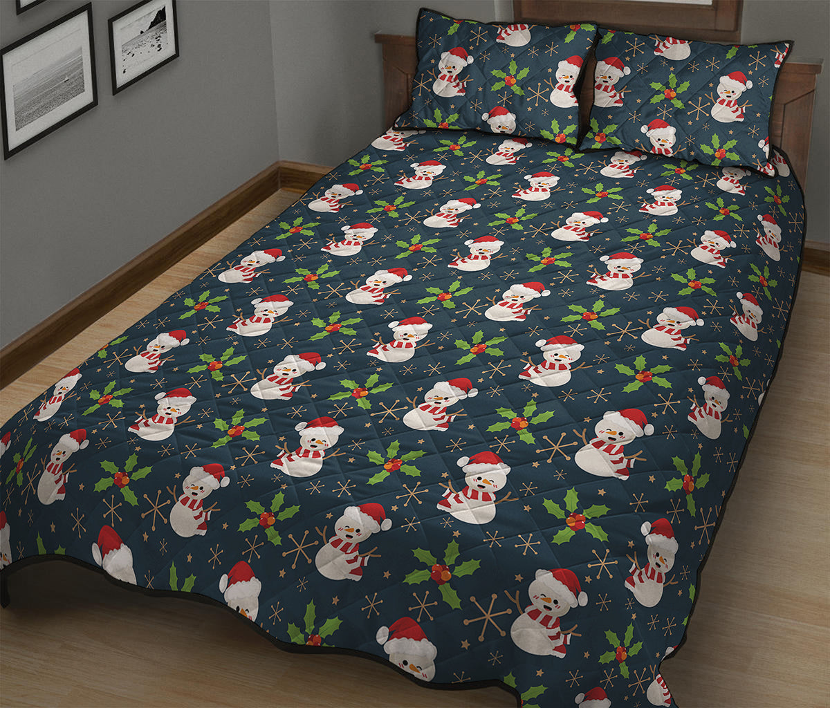 Santa Snowman Pattern Print Quilt Bed Set