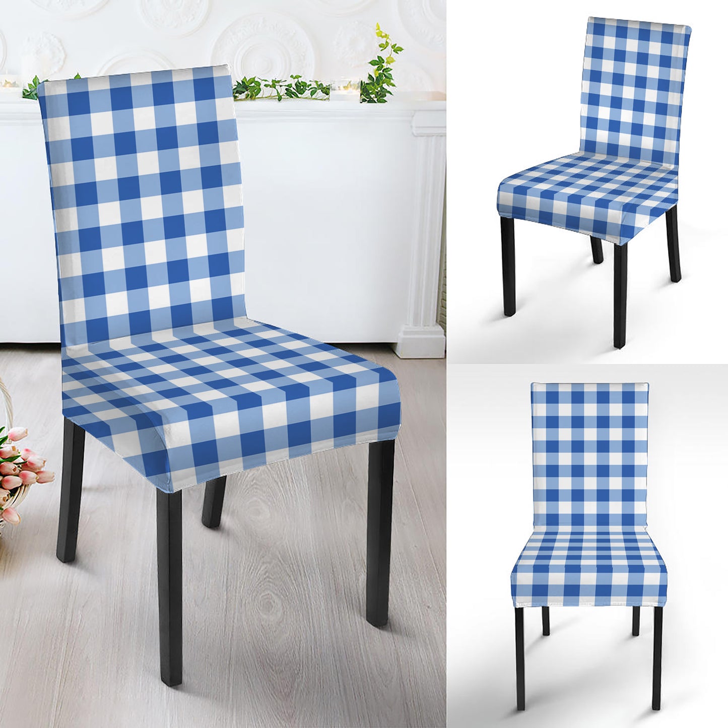 Sapphire Blue Check Pattern Print Dining Chair Slipcover