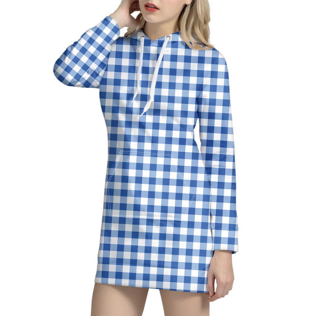 Sapphire Blue Check Pattern Print Hoodie Dress