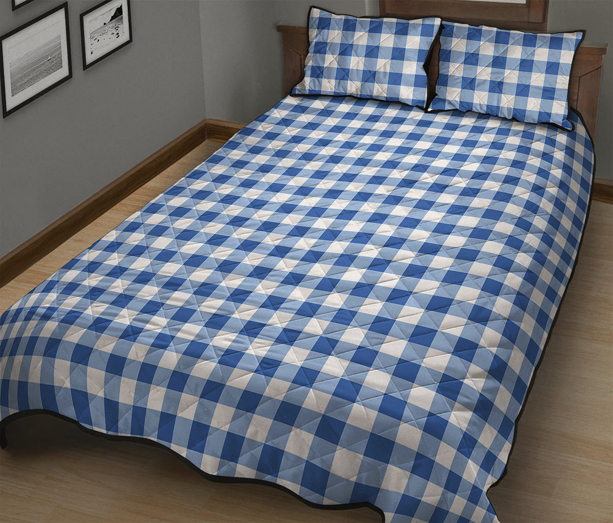 Sapphire Blue Check Pattern Print Quilt Bed Set