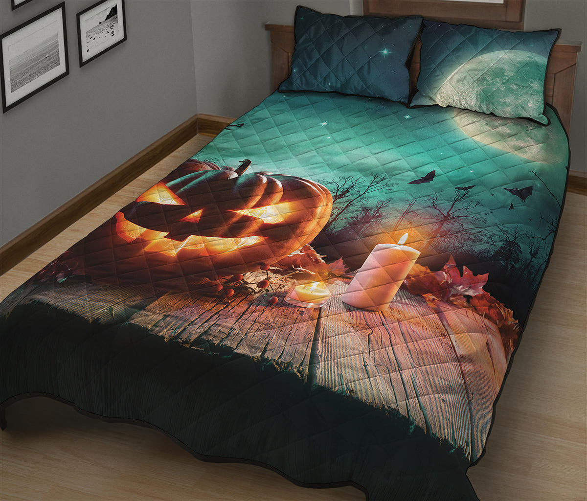 Scary Halloween Pumpkin Print Quilt Bed Set
