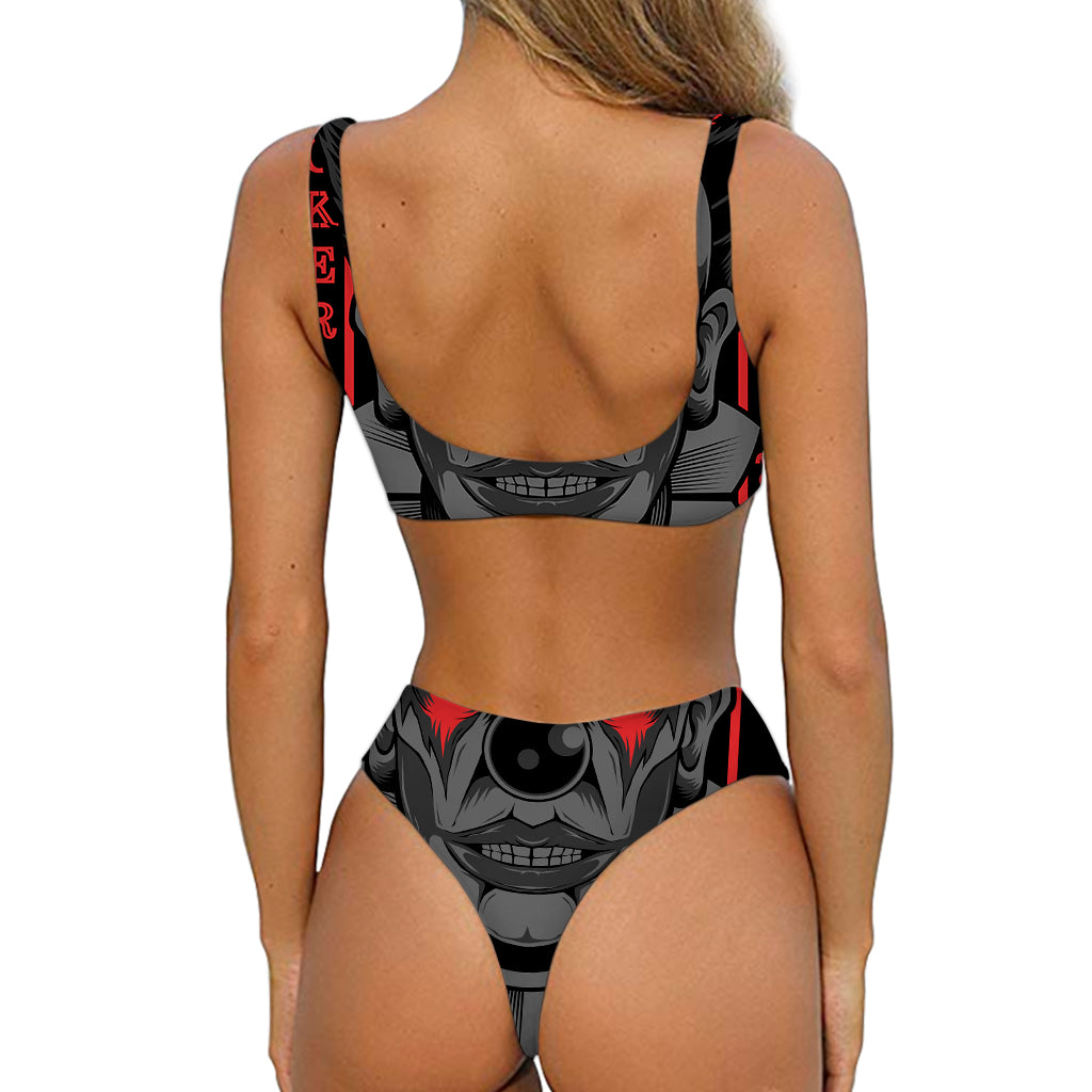 Scary Joker Card Print Front Bow Tie Bikini