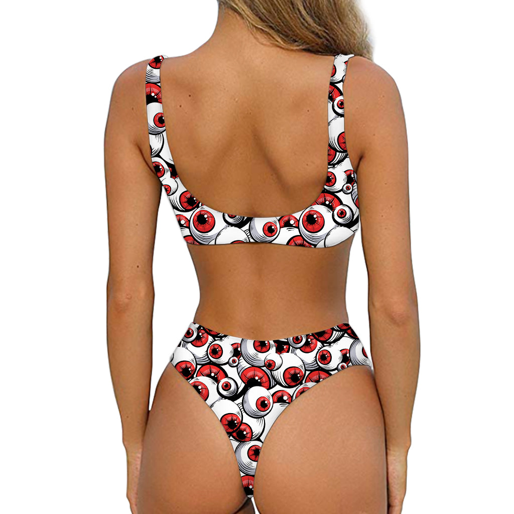Scary Red Eyeball Pattern Print Front Bow Tie Bikini