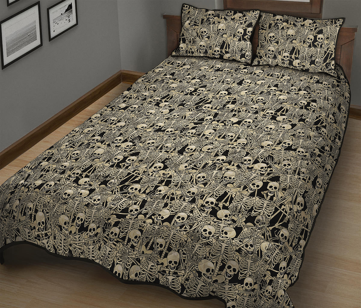 Scary Skeleton Pattern Print Quilt Bed Set