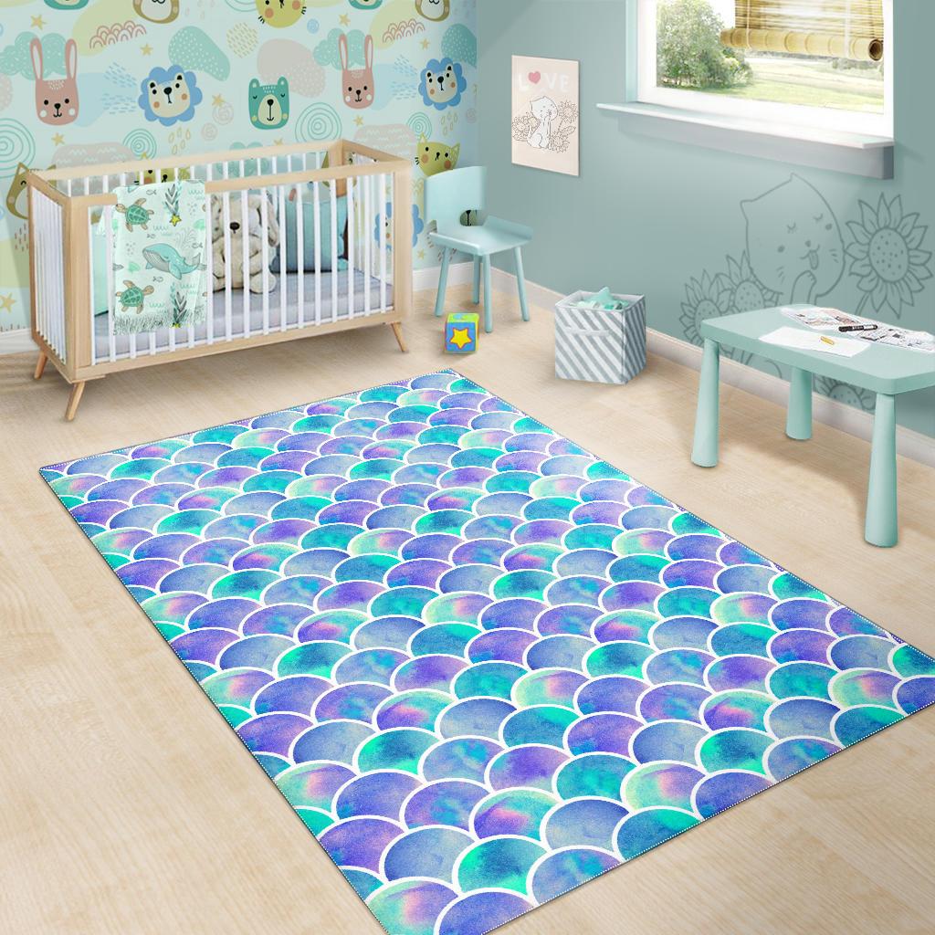 Sea Blue Mermaid Scales Pattern Print Area Rug GearFrost