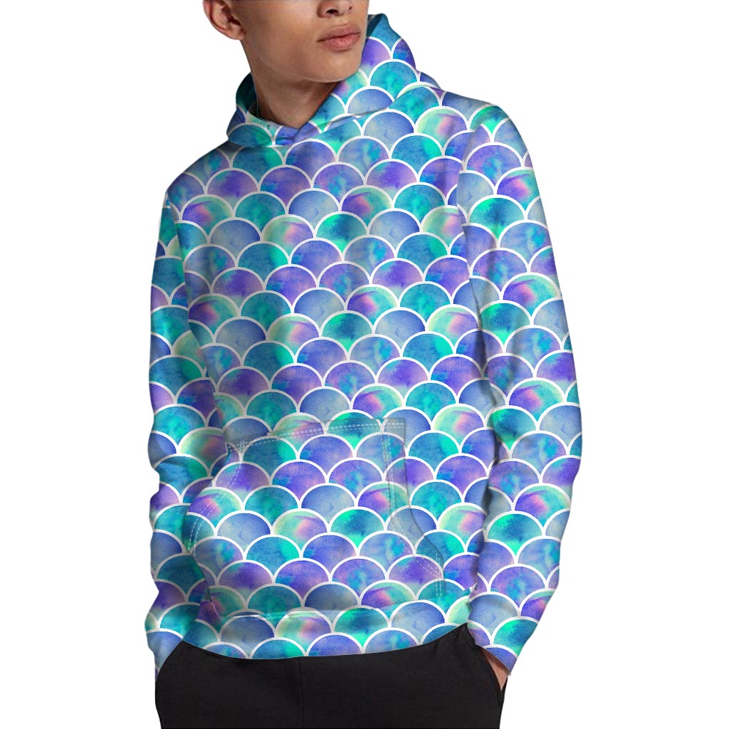 Sea Blue Mermaid Scales Pattern Print Pullover Hoodie