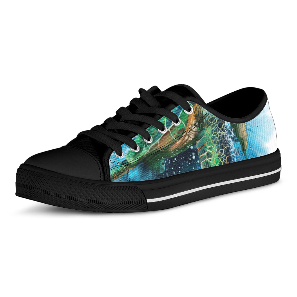 Sea Turtle Painting Print Black Low Top Shoes