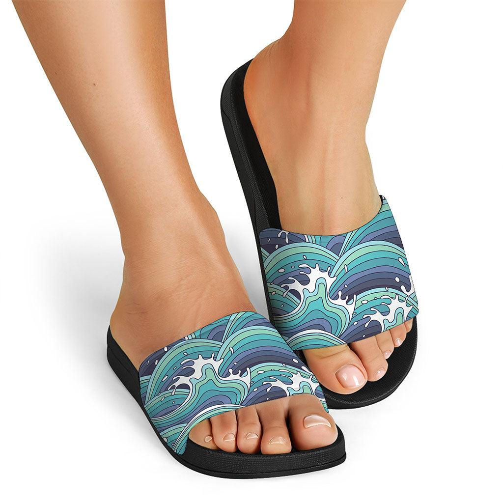 Sea Wave Surfing Pattern Print Black Slide Sandals
