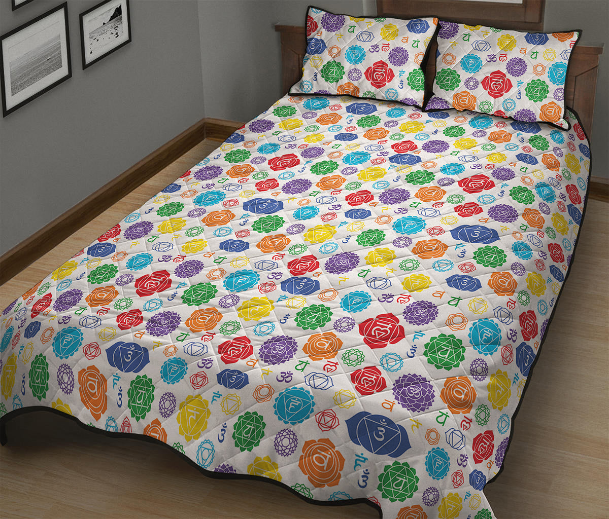 Seven Chakra Symbols Pattern Print Quilt Bed Set