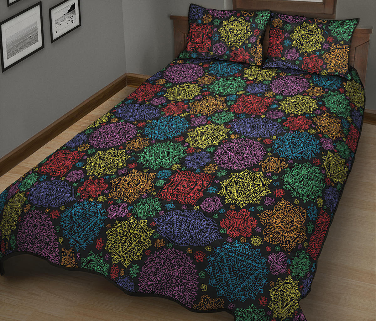 Seven Chakras Flowers Pattern Print Quilt Bed Set