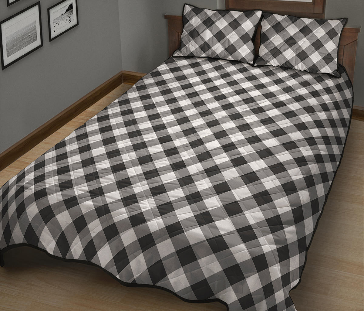 Shadow Grey And White Gingham Print Quilt Bed Set