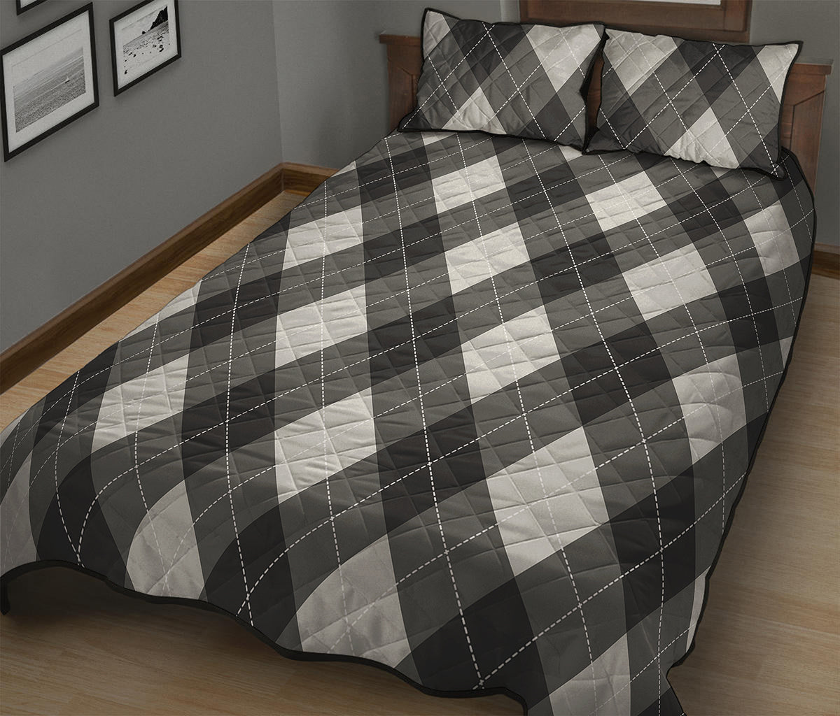 Shadow Grey Argyle Pattern Print Quilt Bed Set