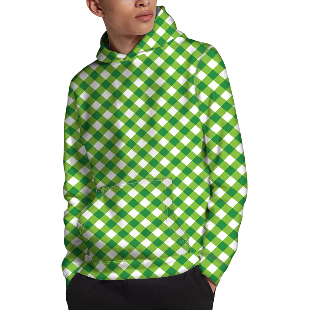 Shamrock Green And White Gingham Print Pullover Hoodie