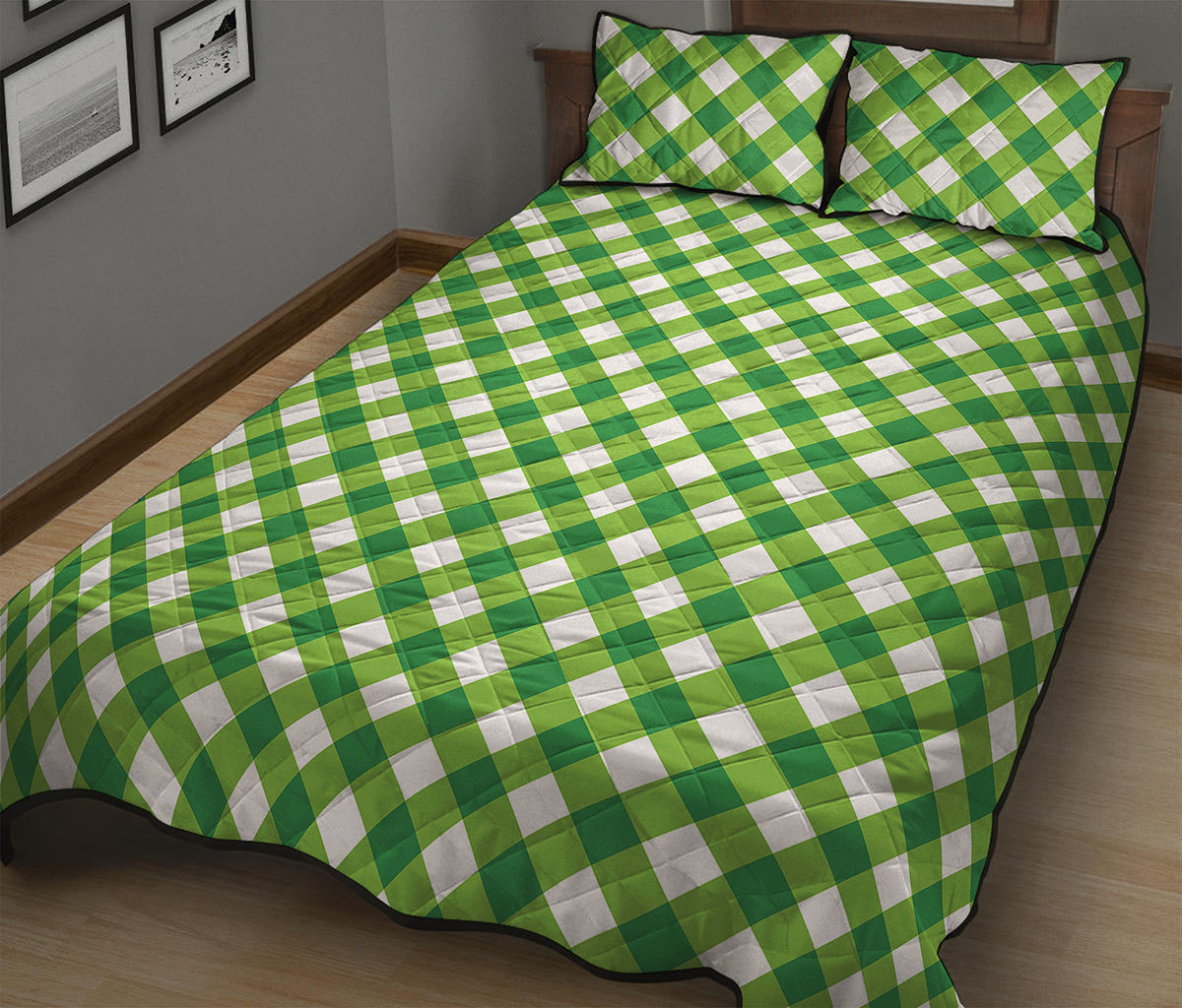 Shamrock Green And White Gingham Print Quilt Bed Set