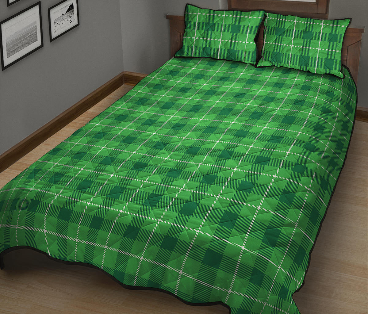 Shamrock Green Plaid Pattern Print Quilt Bed Set