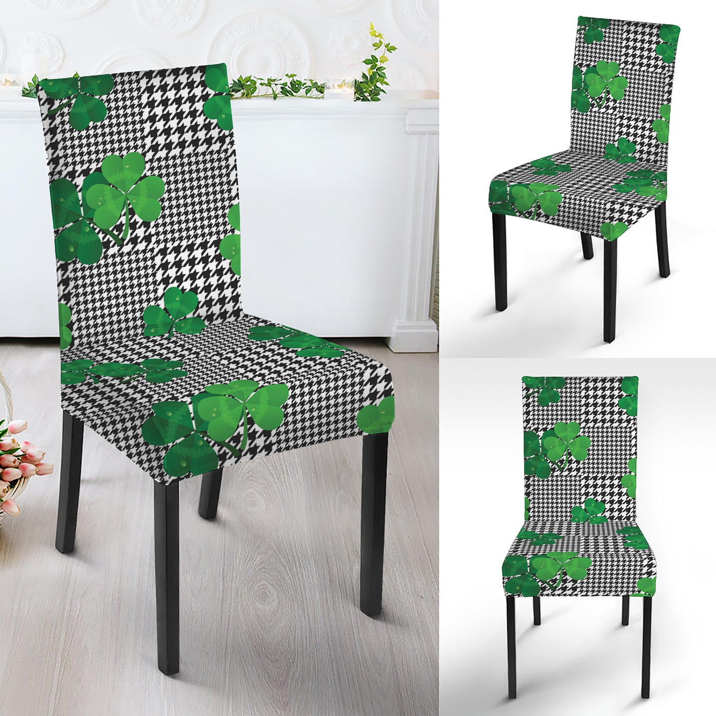 Shamrocks Houndstooth Pattern Print Dining Chair Slipcover