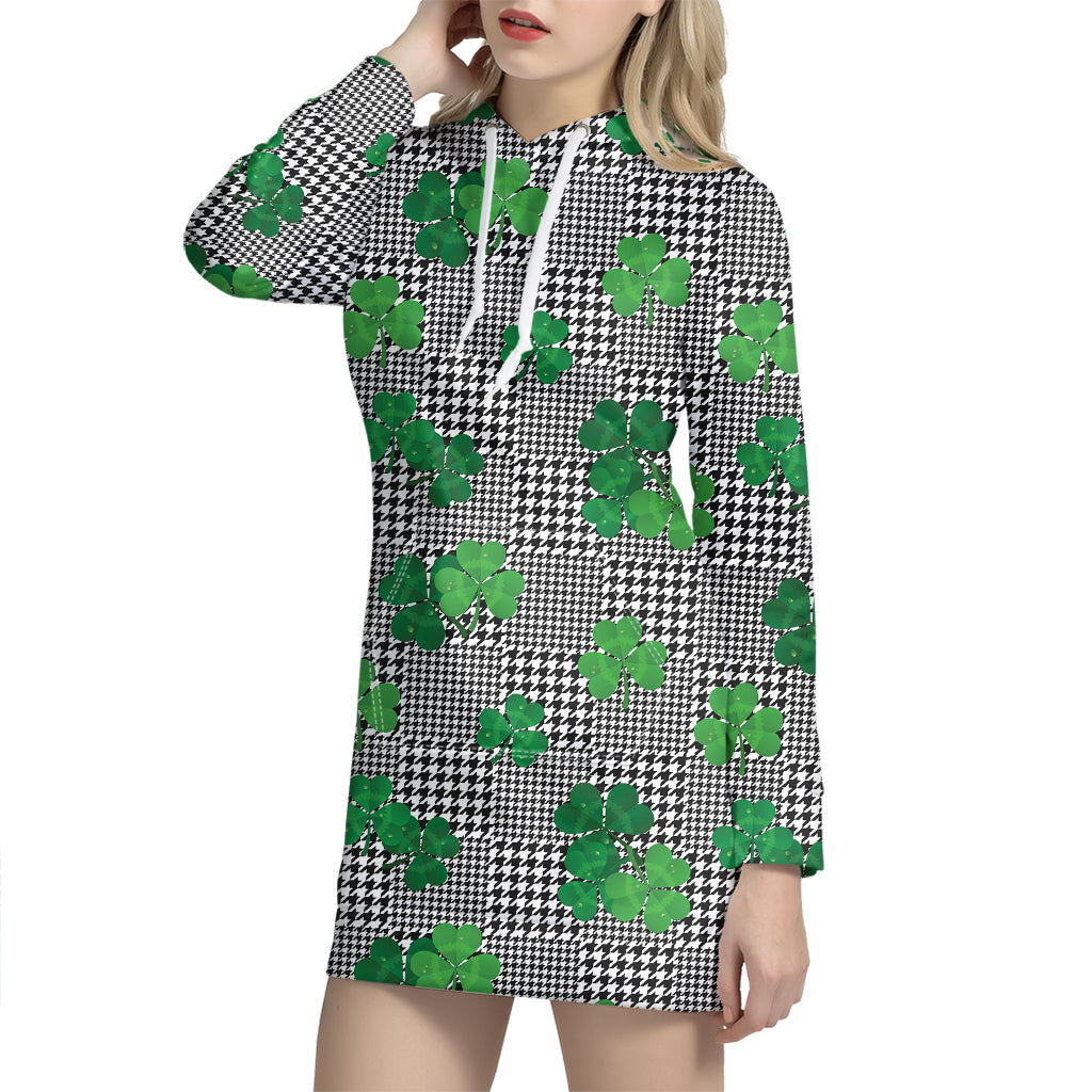 Shamrocks Houndstooth Pattern Print Hoodie Dress