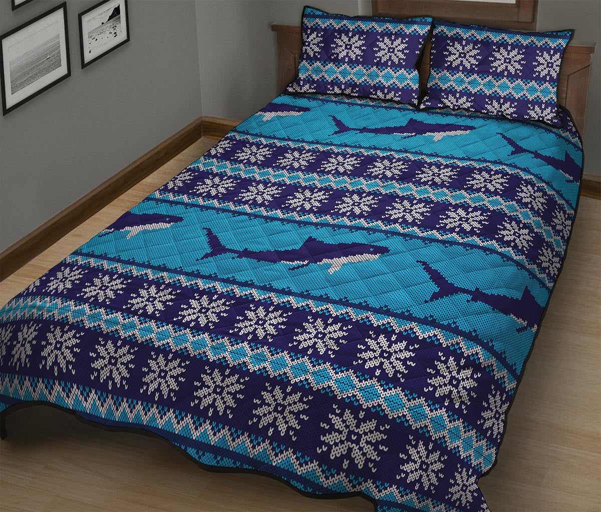 Shark Knitted Pattern Print Quilt Bed Set