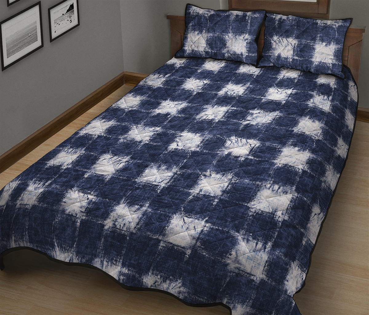 Shibori Grid Pattern Print Quilt Bed Set