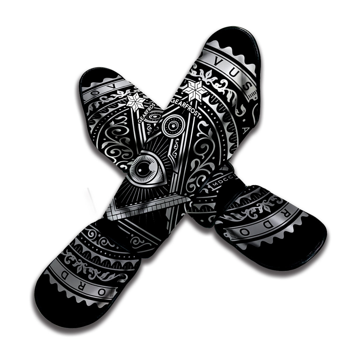 Silver And Black All Seeing Eye Print Muay Thai Shin Guard
