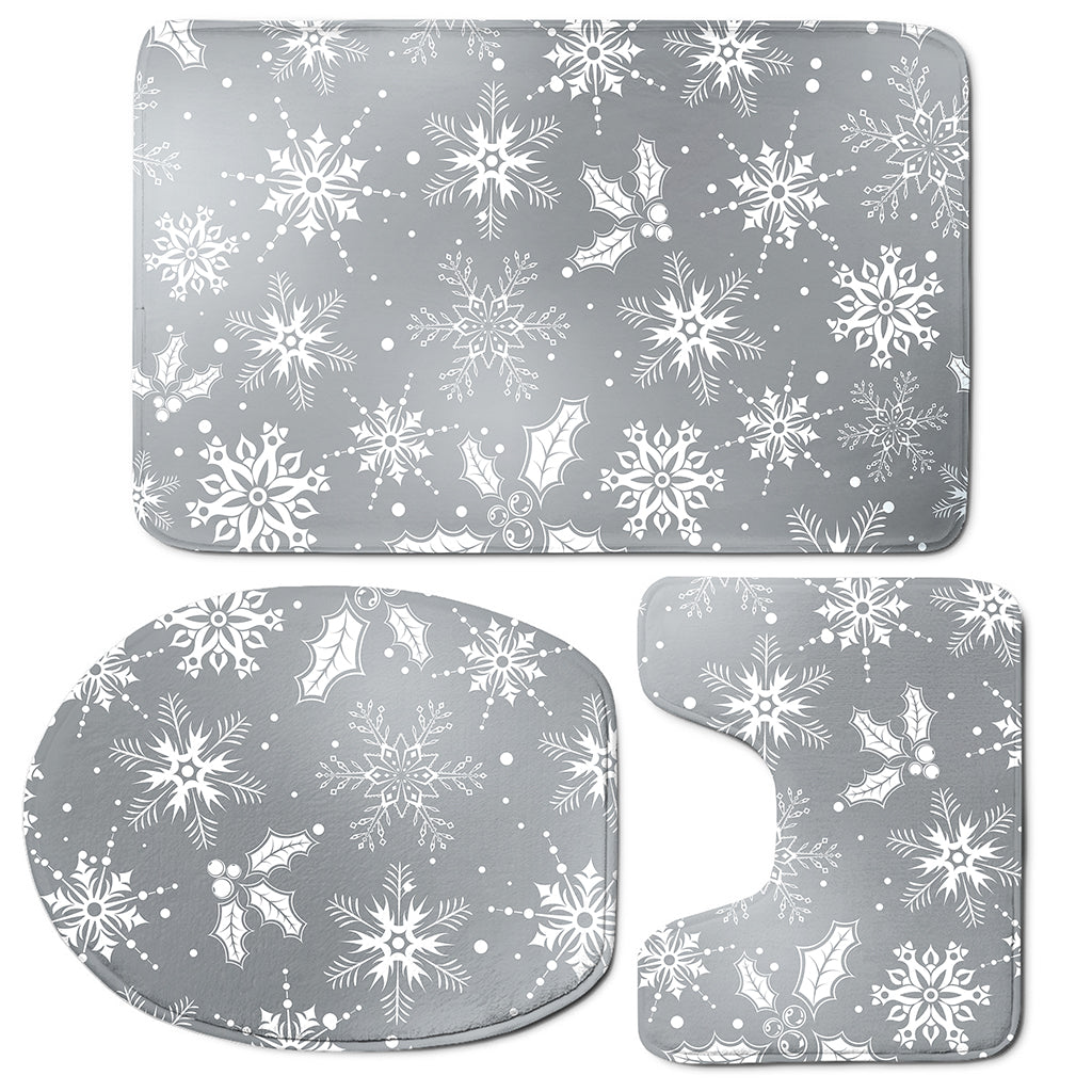 Silver And White Snowflake Pattern Print 3 Piece Bath Mat Set