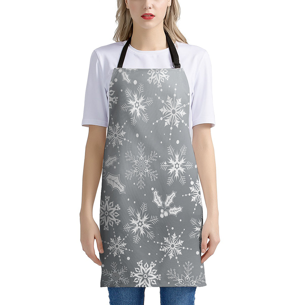Silver And White Snowflake Pattern Print Apron