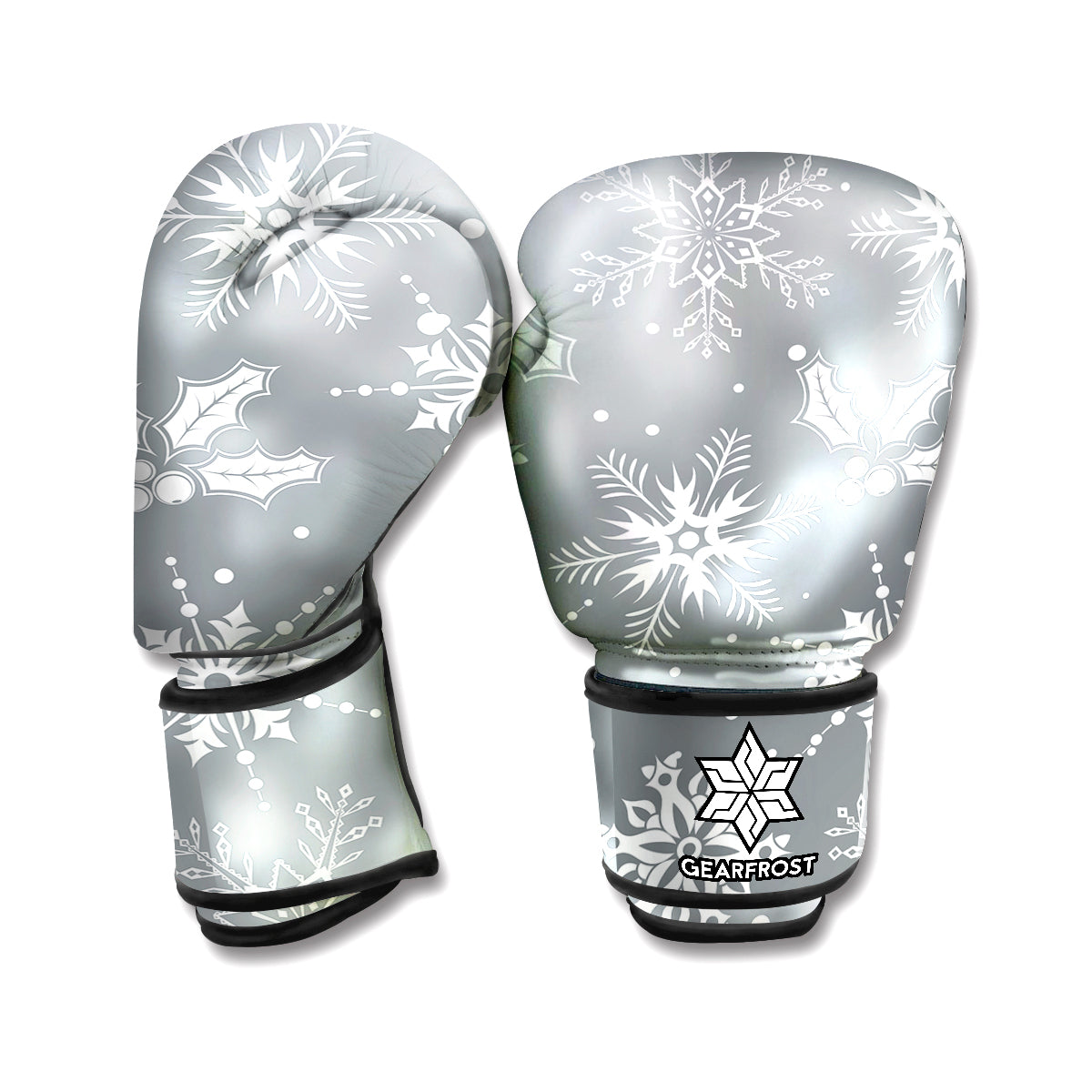 Silver And White Snowflake Pattern Print Boxing Gloves