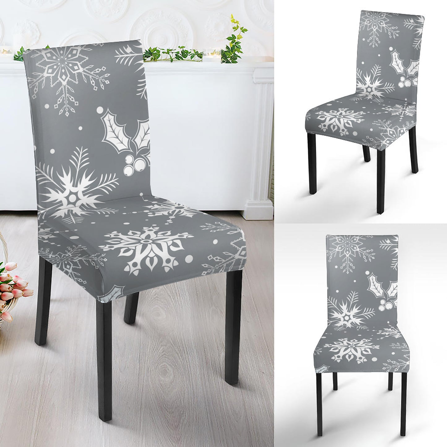 Silver And White Snowflake Pattern Print Dining Chair Slipcover