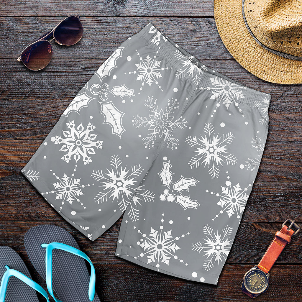 Silver And White Snowflake Pattern Print Men's Shorts