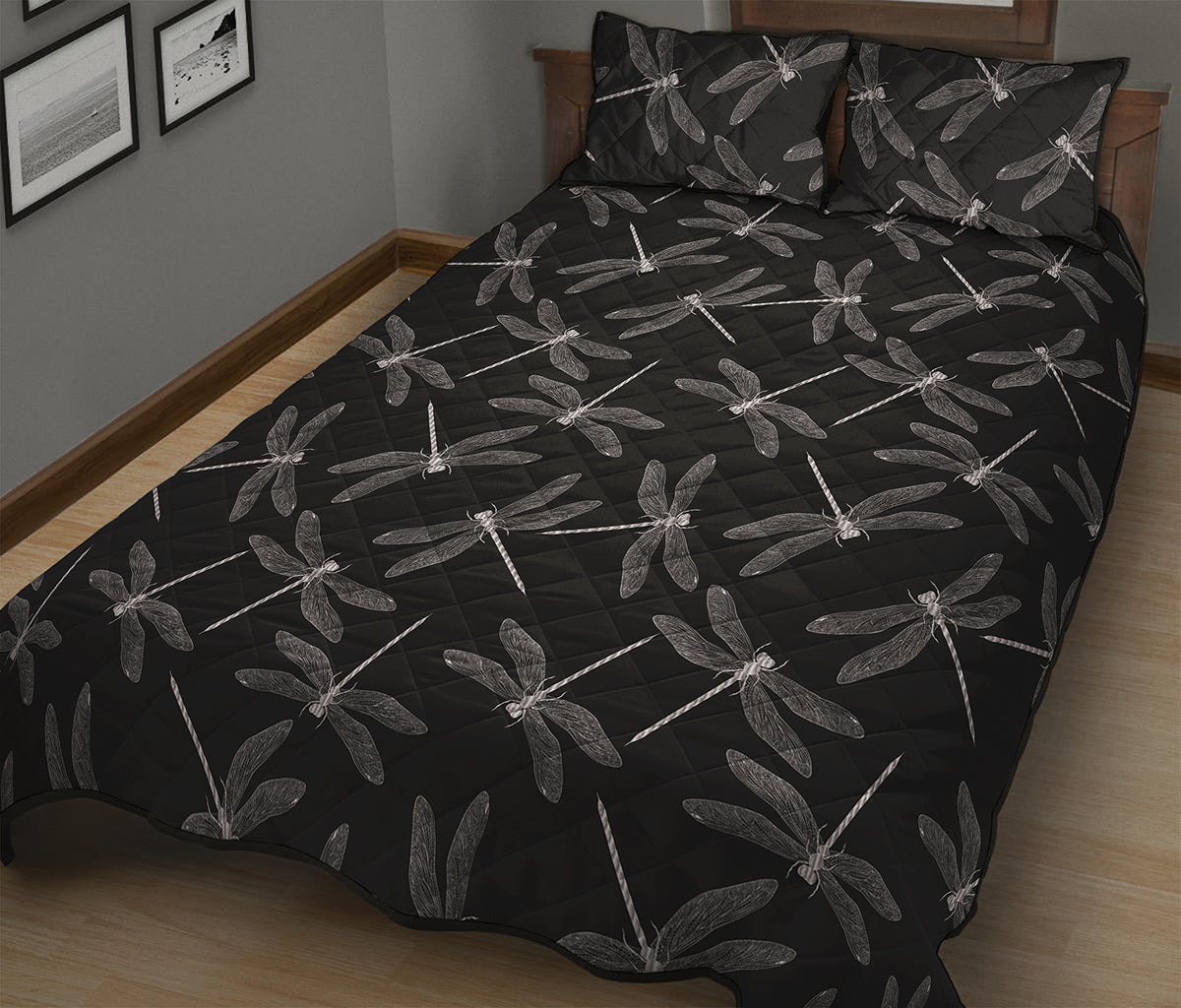 Silver Dragonfly Pattern Print Quilt Bed Set